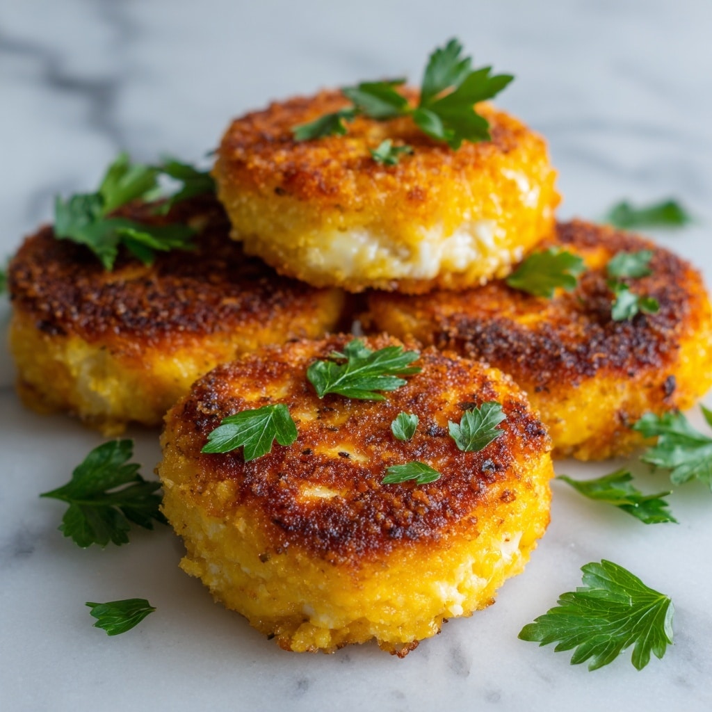 The image shows four golden brown, round cheese patties that are crisp on the outside with a slightly crunchy texture. Each patty has two visible layers: a soft, creamy inside with a bright orange color, and a darker, crispy crust that looks cooked to perfection. Small green parsley leaves are scattered on top and around the patties, adding a fresh touch. The patties are placed on a white marbled surface, giving a clean and bright background. photo taken with an iphone --ar 4:5 --v 7