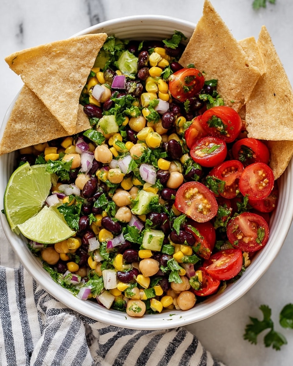 A white bowl filled with a colorful mixed salad, featuring bright yellow corn kernels, black beans, chickpeas, and chopped green herbs scattered throughout. There are halved red cherry tomatoes and diced avocado pieces adding rich reds and greens. Small bits of light purple onion are mixed in among the other ingredients. Three triangular toasted brown crackers are placed vertically along one side of the bowl. A lime wedge is tucked into the top right edge of the bowl. The bowl sits on a white marbled surface with a light striped cloth nearby. photo taken with an iphone --ar 4:5 --v 7
