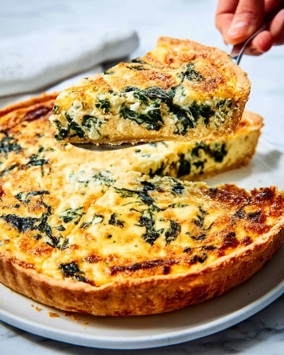 The image shows a close-up of a golden-brown spinach quiche with a slightly crispy top. The quiche has two visible layers: a creamy spinach and cheese filling with bits of green spinach evenly spread inside, and a thin, light crust at the bottom. A woman's hand is lifting one slice using a spatula, revealing the soft, moist texture inside and the flaky crust underneath. The quiche is placed on a white plate set on a white marbled surface, and the light coming from the side highlights the colors and textures of the dish. photo taken with an iphone --ar 4:5 --v 7