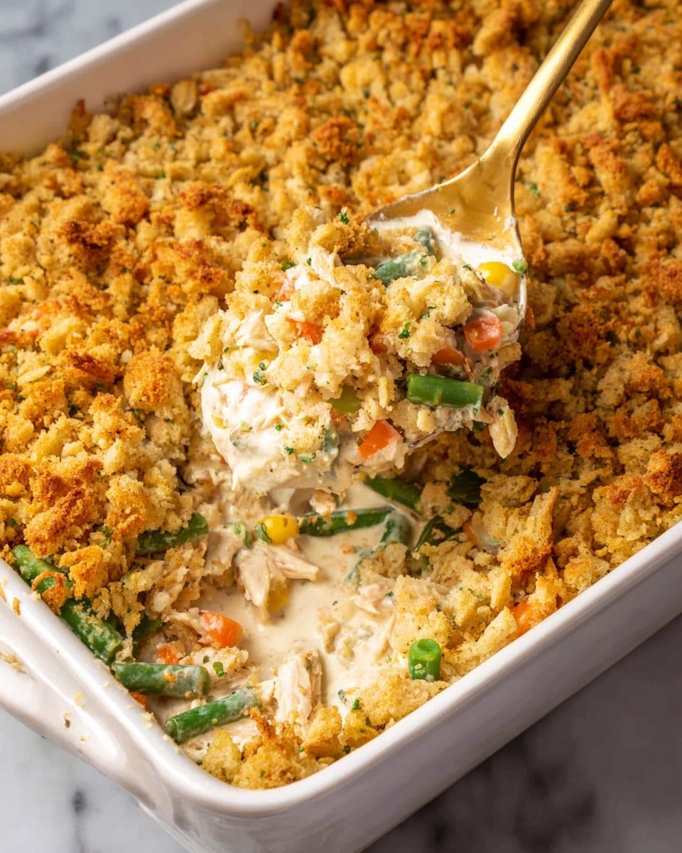 The image shows a white rectangular baking dish with a golden-brown crumb topping that is crumbly and uneven, covering a creamy, thick layer of casserole beneath. The creamy layer is white with visible chunks of green beans, corn, carrots, and pieces of shredded chicken mixed in, showing a rich, smooth texture. A gold spoon is scooping a portion from the dish, lifting some of the crumb topping and revealing the soft, saucy filling below. The dish sits on a white marbled surface. photo taken with an iphone --ar 4:5 --v 7