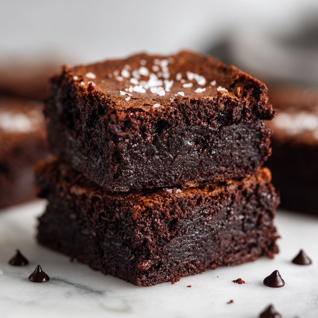 Two dark brown chocolate brownies are stacked on top of each other on a white marbled surface. The bottom brownie has a dense, moist texture with a slightly cracked, shiny top, and the top brownie shows a bite taken out of it, revealing a rich, fudgy inside. Small crumbs are scattered around, and a few dark chocolate chips are visible near the brownies. The background is softly blurred with more brownies out of focus. Photo taken with an iphone --ar 4:5 --v 7
