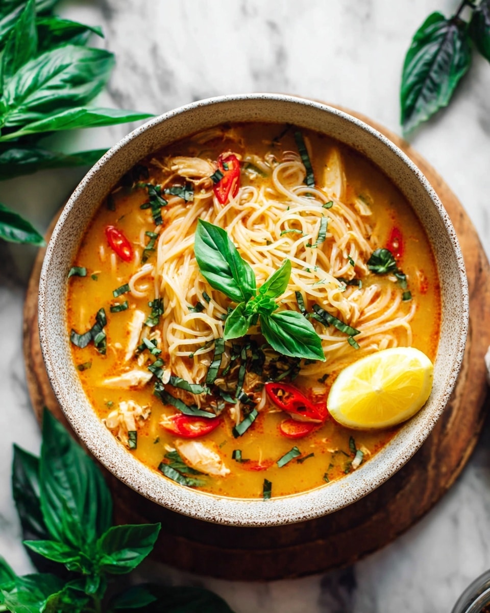 A beige speckled bowl sits on a round wooden board, filled with a bright orange soup base. Inside the soup are thick rice noodles layered in the center, light cream in color and slightly glossy. Surrounding the noodles are chunks of white chicken, slices of red chili, and small bits of green herbs sprinkled on top. A wedge of lime rests on the right edge of the bowl. A fresh green basil cluster garnishes the center, adding a pop of bright green. The scene is set on a white marbled texture with fresh green basil leaves around the edges. photo taken with an iphone --ar 4:5 --v 7