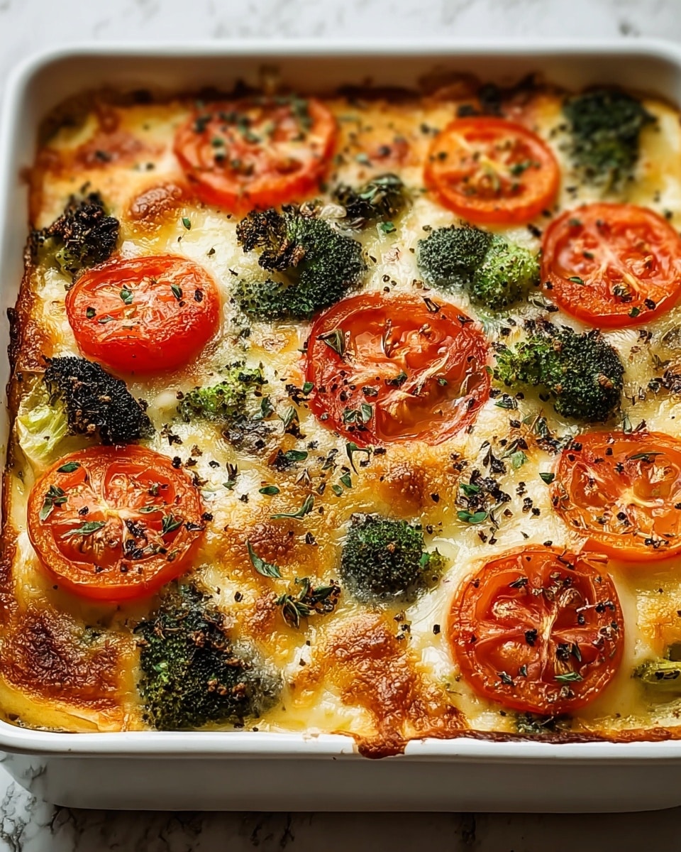 A baked vegetable casserole in a white square dish with visible layers starting with a golden crust at the bottom. The mid-layer is creamy and covered with melted cheese that is golden and bubbly, topped with round slices of bright red tomatoes and scattered small green broccoli florets. Sprinkled herbs and black pepper specks are evenly spread across the surface. The casserole has a rich and textured look, with some cheese slightly browned at the edges, sitting on a white marbled texture. photo taken with an iphone --ar 4:5 --v 7