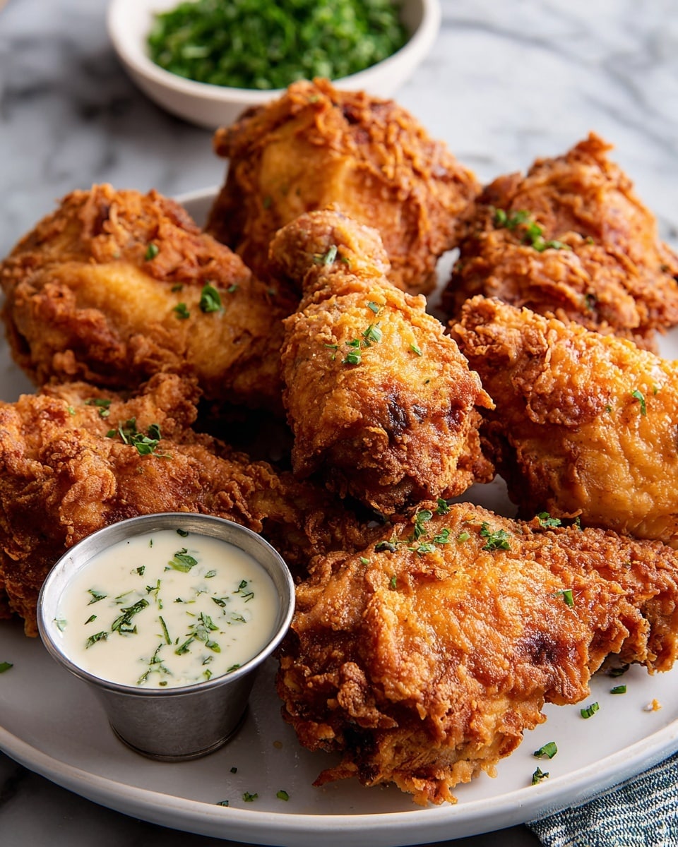 A white plate holds eight pieces of fried chicken with a deep golden brown crunchy coating, showing a rough and crispy texture. The pieces are arranged close together, some with round drumstick shapes and some larger, irregular shaped pieces that have a thicker crispy crust. At the front left of the plate is a small metal cup filled with creamy white dipping sauce speckled with green herbs. In the background, a small white bowl filled with fresh green chopped herbs is visible on a white marbled surface, adding contrast. Photo taken with an iphone --ar 4:5 --v 7