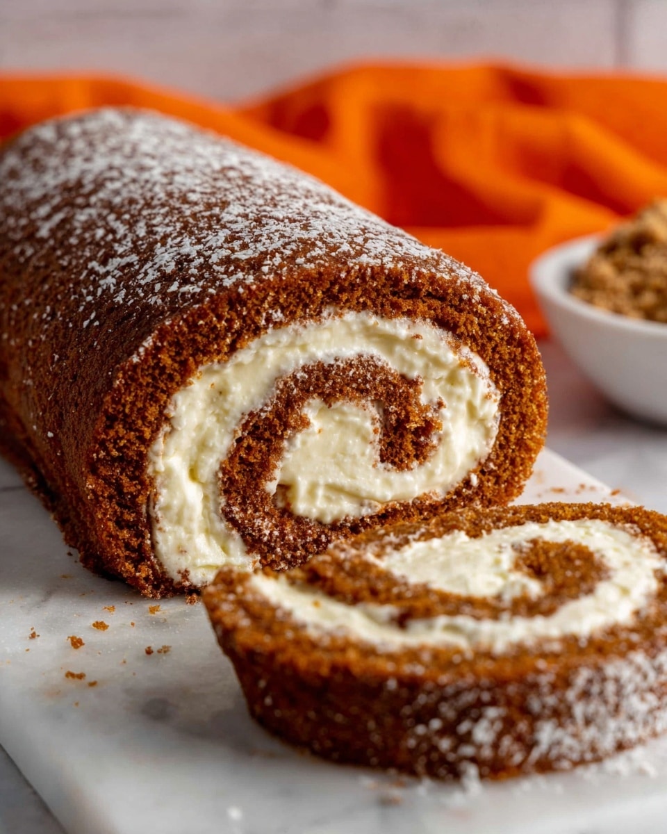 The image shows a rolled cake with two main layers: the outer layer is a rich brown, soft-looking sponge cake, and the inner layer is a thick, creamy white filling spiraled evenly throughout the roll. The cake is cut to show the swirl of the filling inside, with a dusting of powdered sugar on the top. The roll sits on a white marbled surface with some crumbs scattered around, and a bright orange cloth is slightly blurred in the background. A bowl with crumbs or some topping is visible out of focus on the right side of the image. photo taken with an iphone --ar 4:5 --v 7