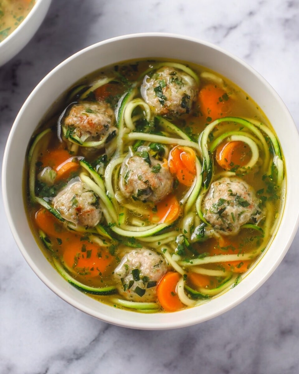 A white bowl filled with clear broth soup containing several light brown meatballs with green bits inside, bright orange carrot slices, and long thin green zucchini noodles that curl throughout. The broth has small green herb pieces floating in it, adding texture and color. The bowl sits on a white marbled surface. photo taken with an iphone --ar 4:5 --v 7