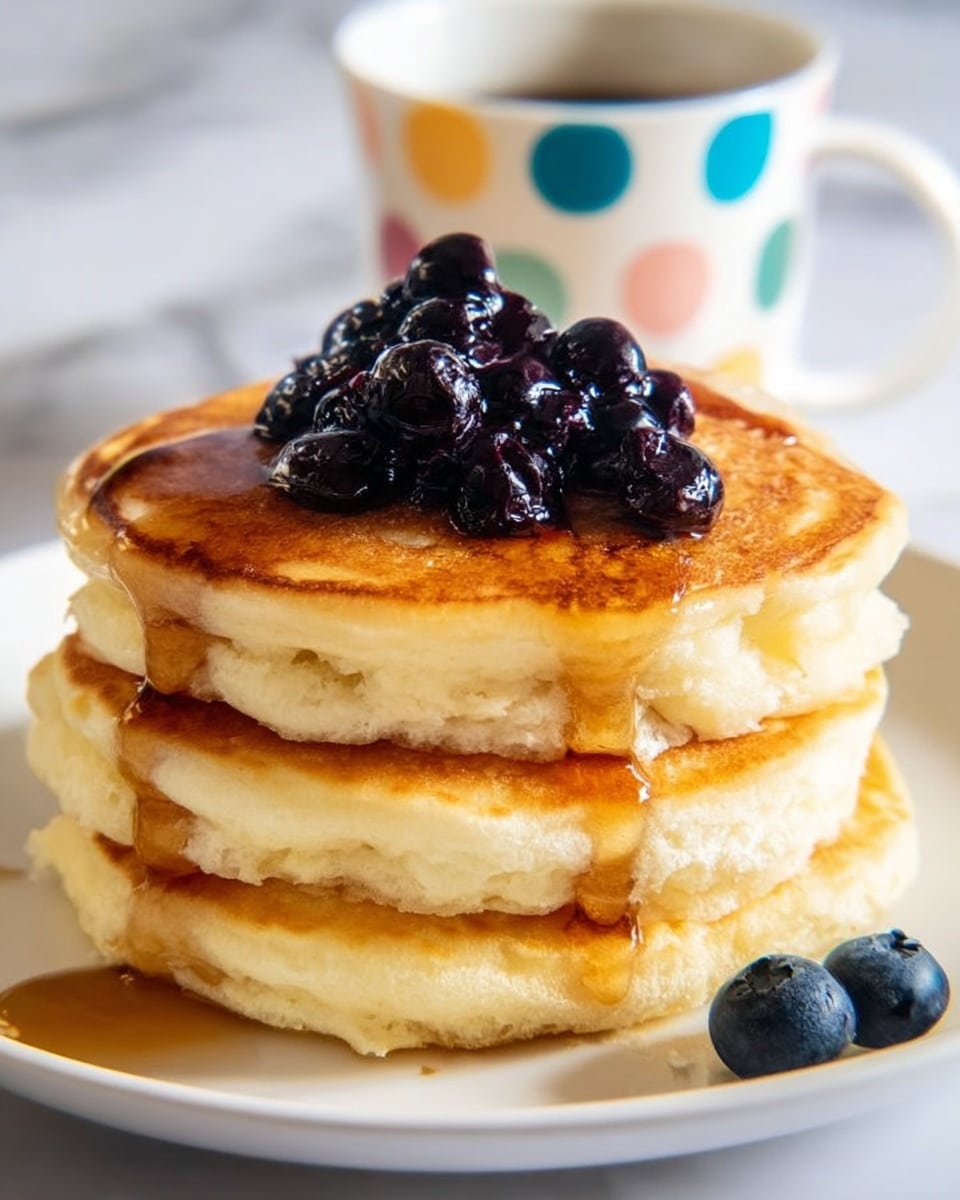 A stack of three thick pancakes sits in the center of a white plate on a white marbled surface. The pancakes are golden brown on top with a fluffy, light texture and small holes visible around the edges. A small pile of shiny, dark blueberries is on top, partially covered by golden syrup that drips over the edges and down the sides of the stack. One blueberry rests on the plate near the bottom right, and a colorful, blurry cup with large polka dots is visible in the background. photo taken with an iphone --ar 4:5 --v 7