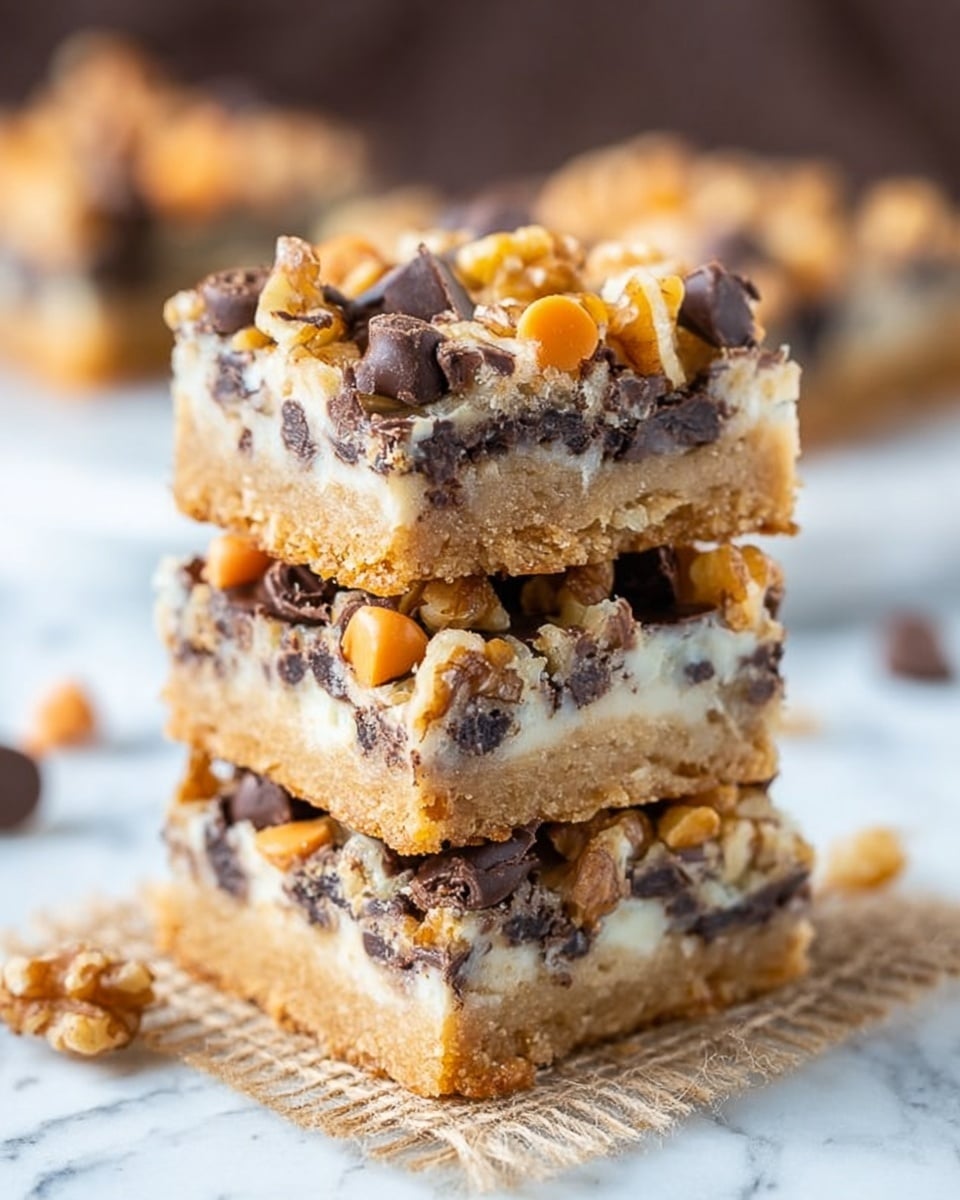 The image shows a stack of three square dessert bars on a piece of rough beige fabric and a white napkin, placed on a white marbled surface. Each bar consists of a dense base layer, topped with a mix of golden brown nuts, caramel-colored butterscotch chips, and dark chocolate chips that seem to be slightly melted, creating a shiny texture. The bars are thick with rich textures from the nuts and chips scattered densely on top. Around the stack, a few butterscotch and dark chocolate chips are scattered on the white marbled surface. photo taken with an iphone --ar 4:5 --v 7