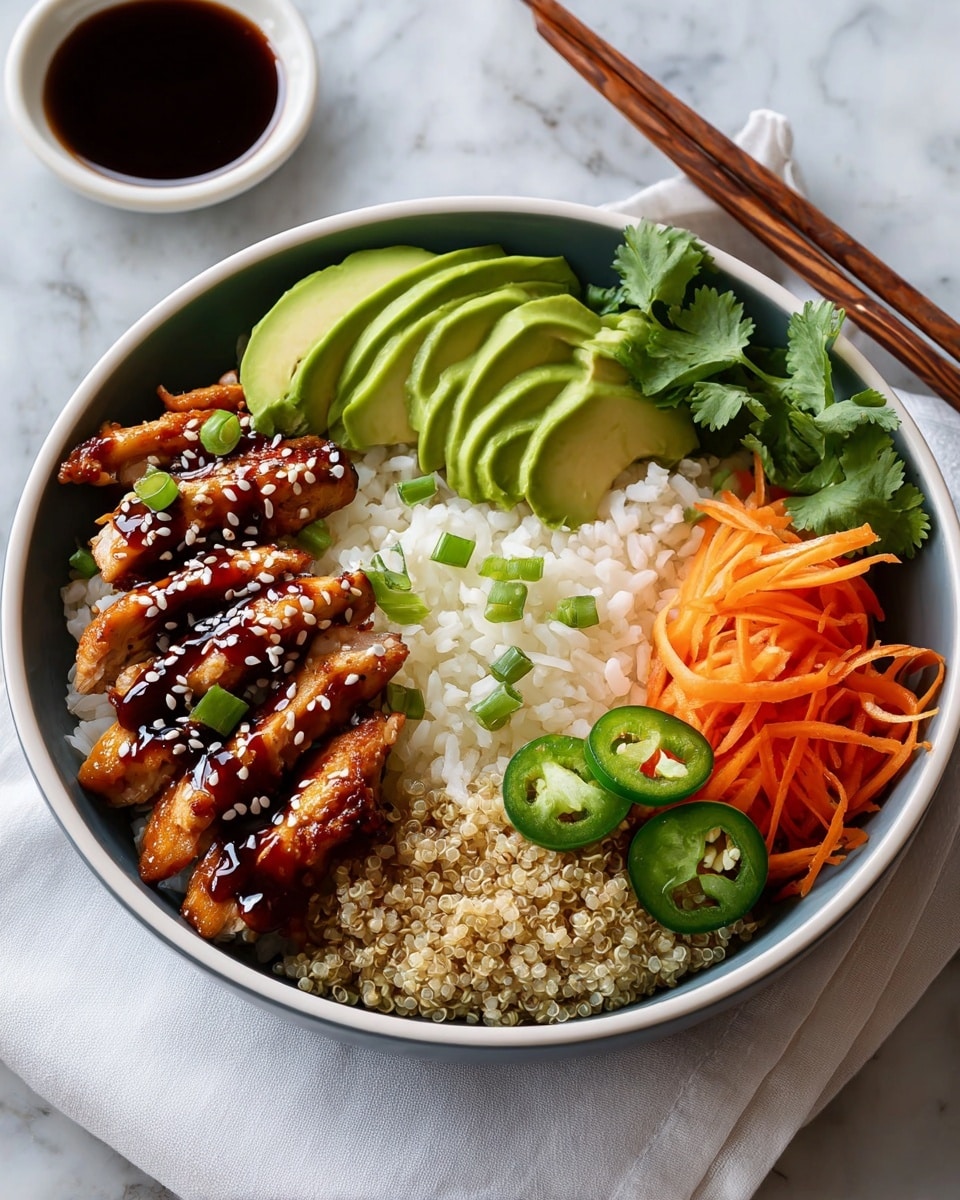 A blue bowl filled with a layer of white rice sprinkled with green onions and black pepper, topped on the left with glazed chicken strips covered in a dark sauce and white sesame seeds; above the chicken is a light brown grain, likely quinoa. On the right, there are thin orange carrot strips and green slices of avocado arranged in a fan shape, with sliced green jalapeños and fresh cilantro leaves beside the rice. Next to the bowl behind wooden chopsticks resting on the bowl rim, a small white bowl holds a dark dipping sauce, all placed on a white marbled surface with a beige cloth partially under the bowl. photo taken with an iphone --ar 4:5 --v 7