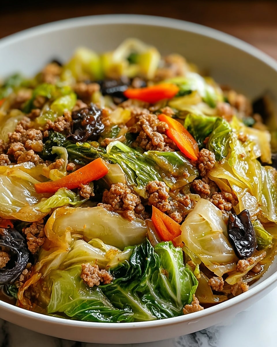 A close-up of a dish in a white bowl filled with three main layers: the bottom layer shows cooked green leafy cabbage with a glossy, soft texture; the middle layer is made of ground brown meat cooked with a slightly oily and crumbly texture evenly spread; the top layer includes more pieces of translucent cooked cabbage, small chunks of bright orange carrot, and dark wrinkled mushrooms scattered throughout. The dish appears moist with a glistening surface, placed on a white marbled texture for background. photo taken with an iphone --ar 4:5 --v 7