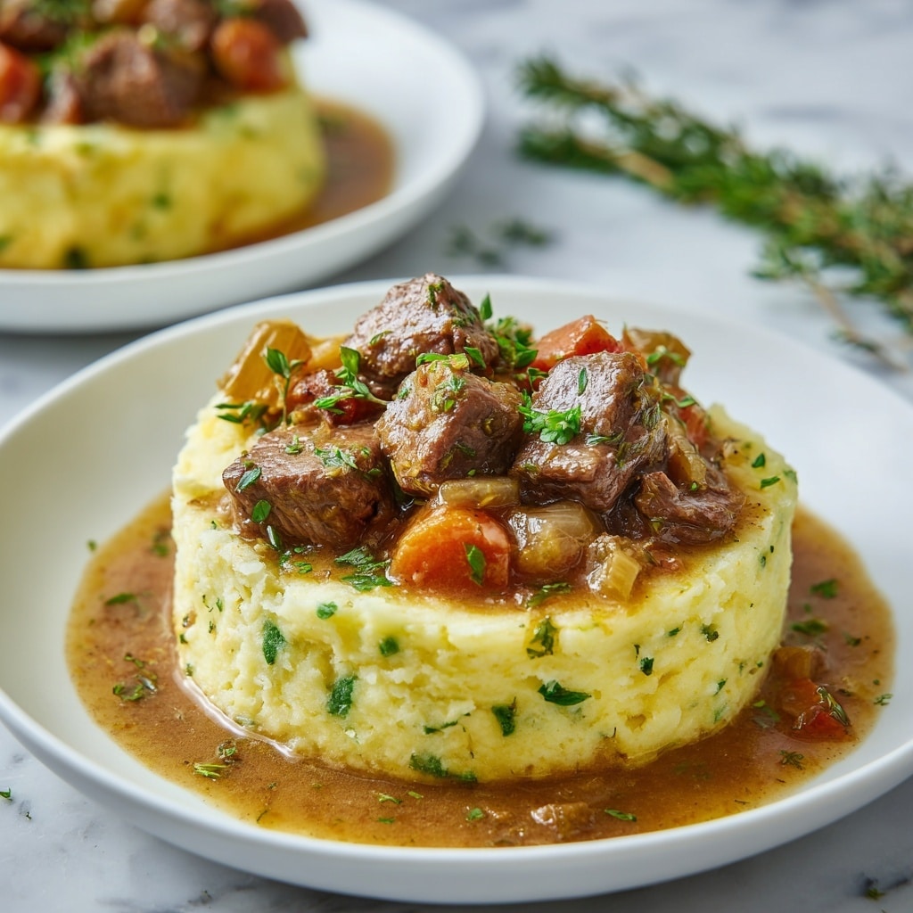 The image shows a two-layered dish on two stacked white plates with small speckles. The bottom layer is a light, creamy mashed potato with a slightly lumpy texture and some green herbs mixed in, forming a soft, fluffy base. On top, there is a thick layer of beef tips in a rich brown gravy with visible chunks of tender mushrooms and bright orange carrot pieces, all coated in a glossy sauce. Small chopped green herbs are sprinkled on top, adding fresh green color. The plates are placed on a white marbled surface with a fork nearby and some green chives to the side. Photo taken with an iphone --ar 4:5 --v 7