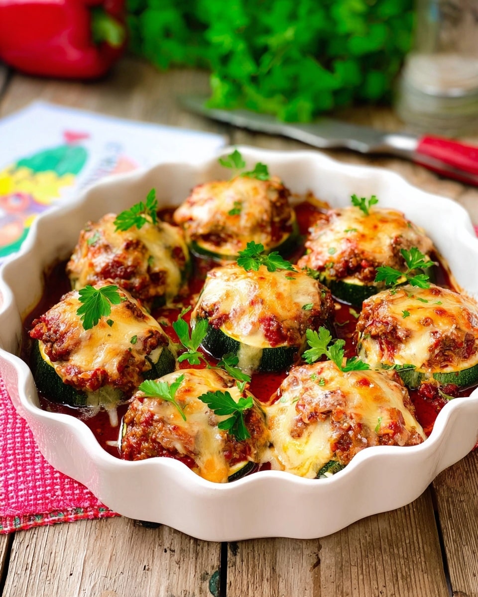 The image shows a white scalloped ceramic dish filled with eight baked stuffed zucchini halves. Each zucchini half has three visible layers: the bottom green zucchini skin, a middle brownish ground meat filling, and a top layer of melted golden-brown cheese mixed with red tomato sauce, slightly browned in spots from baking. Bright green flat parsley leaves garnish some of the stuffed zucchini pieces, adding a fresh look. The dish is placed on a light wood surface with fresh parsley in the background and some kitchen utensils nearby. Photo taken with an iphone --ar 4:5 --v 7
