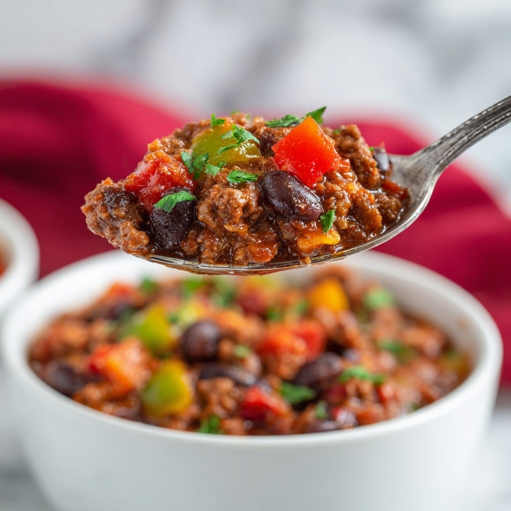 A close-up view of a spoon holding a colorful scoop of chili, filled with three main layers: brown ground beef mixed with black beans forming the base layer, bright red diced tomatoes and green bell pepper pieces on top, all covered in a glossy, rich sauce that glistens under the light. The spoon rests above the edge of a white bowl, half-filled with the chili showing a textured beef surface sprinkled with green herbs at the top layer. In the background, another white bowl is visible, placed on a white marbled surface with a soft red cloth blurred out behind. Photo taken with an iphone --ar 4:5 --v 7
