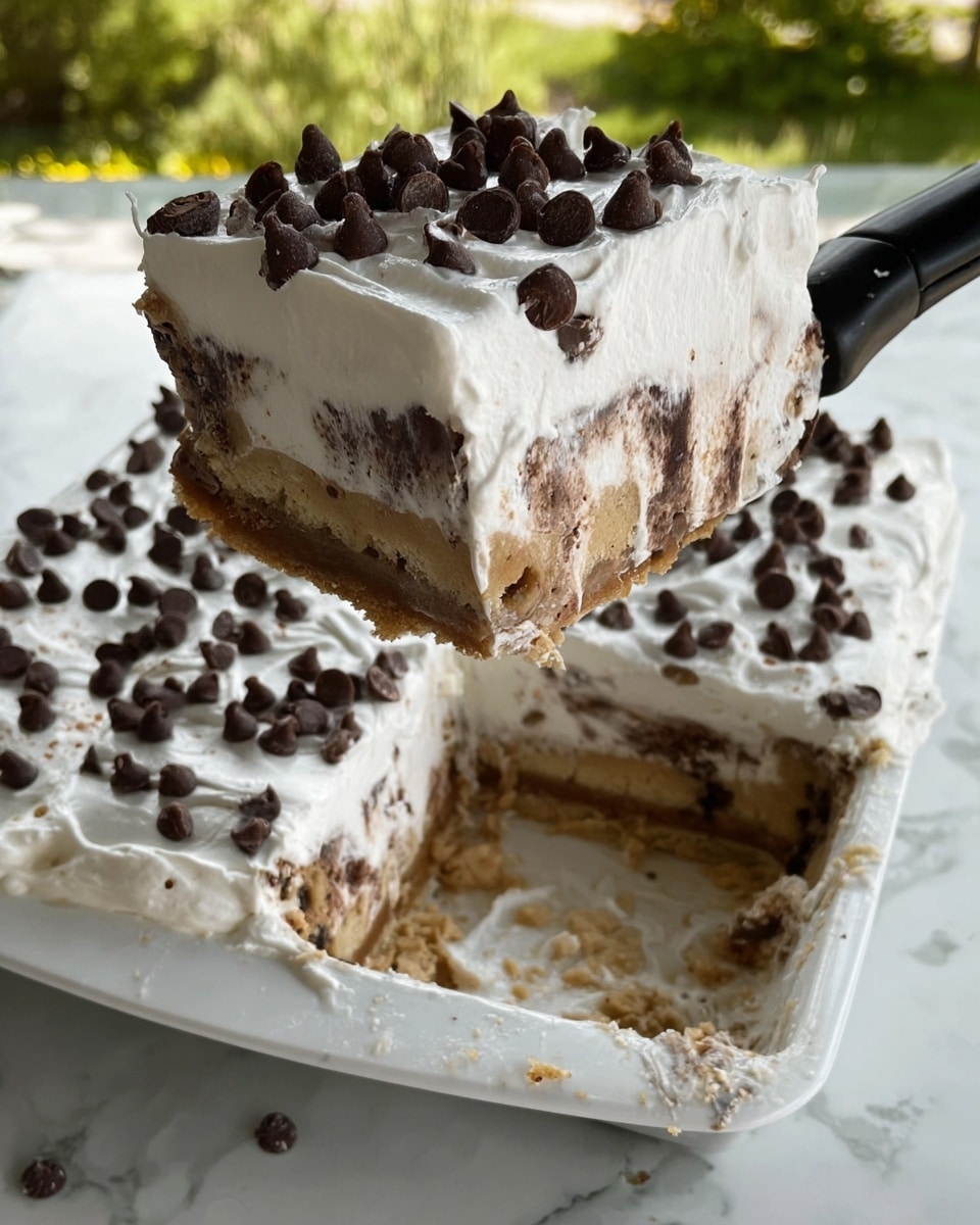 A thick square slice of dessert is held above a white tray by a black-handled spatula. The dessert has three visible layers: the bottom layer is light brown and cookie-like, the middle layer is a darker brown creamy filling, and the top layer is a thick white whipped cream with a slightly swirled chocolate pattern on the sides. The top is scattered with many small dark chocolate chips, which also cover parts of the tray below. The tray shows the dessert's empty space where slices have been taken. The background is a white marbled texture with bright greenery in the distance. photo taken with an iphone --ar 4:5 --v 7