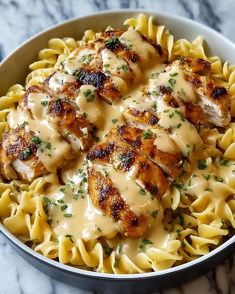 A close-up view of a dish in a white plate filled with three layers: the base layer is light yellow curly egg noodles with a smooth texture, the middle layer consists of several golden-brown grilled chicken pieces with a slightly charred surface, and the top layer is a creamy light beige sauce generously poured over each chicken piece, sprinkled with small green herb flakes. The background is a white marbled texture. photo taken with an iphone --ar 4:5 --v 7