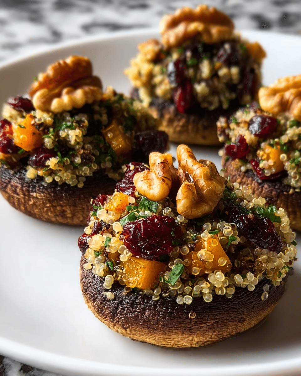 Four stuffed mushrooms are placed on a white plate over a white marbled texture. Each mushroom has three visible layers: the dark brown and textured mushroom base at the bottom, topped with a light golden quinoa and small orange vegetable pieces mixed with green herbs as the middle layer, and dried red cranberries scattered across this layer. Each mushroom is finished with a single large, glossy walnut piece on top. The image is close-up, showing the textures and colors clearly. photo taken with an iphone --ar 4:5 --v 7