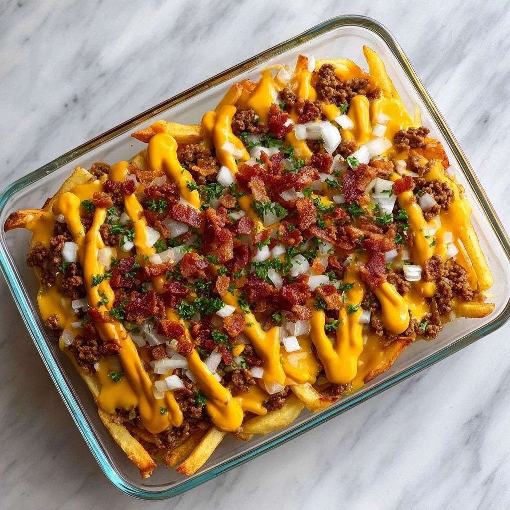 A clear glass baking dish filled with crispy golden french fries as the bottom layer, topped with a thick layer of melted bright yellow cheddar cheese. Above the cheese, there is a generous layer of browned ground beef scattered evenly. Drizzled over the top is a smooth, creamy orange sauce in wavy lines. The dish is finished with small chopped white onions, crispy bits of reddish-brown bacon, and finely chopped green parsley sprinkled over everything. The baking dish is placed on a white marbled textured surface. photo taken with an iphone --ar 4:5 --v 7