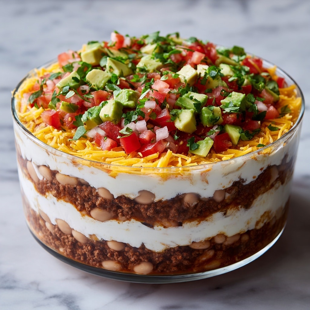 This dish is a multi-layered dip served in a clear round glass bowl. The bottom layer is a thick, brown meat mixture followed by a white creamy layer, both repeated twice, creating four visible layers. On top, there is a generous layer of shredded orange-yellow cheese. The dip is crowned with a colorful pile of diced red tomatoes and green avocado chunks, sprinkled with finely chopped green herbs. The bowl is placed on a wood surface with a blurred background. Photo taken with an iphone --ar 4:5 --v 7