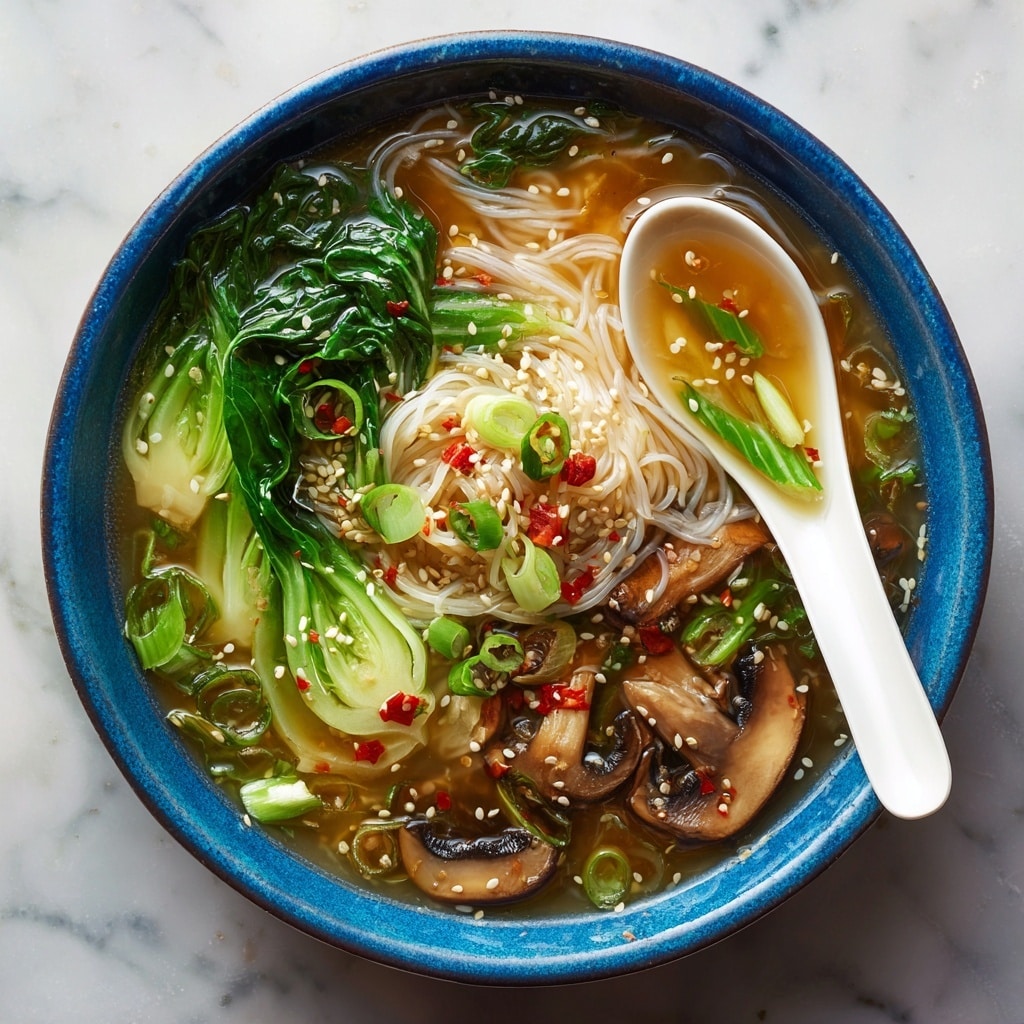 A blue bowl filled with a clear golden broth holding thin, white rice noodles piled in the center, surrounded by bright green bok choy leaves and thick slices of brown mushrooms. Green onion slices and small green chili rings are sprinkled over the top along with white sesame seeds and red chili flakes. A white soup spoon rests on the side, filled with the broth and garnished with a piece of green onion. The bowl sits on a white marbled surface. photo taken with an iphone --ar 4:5 --v 7