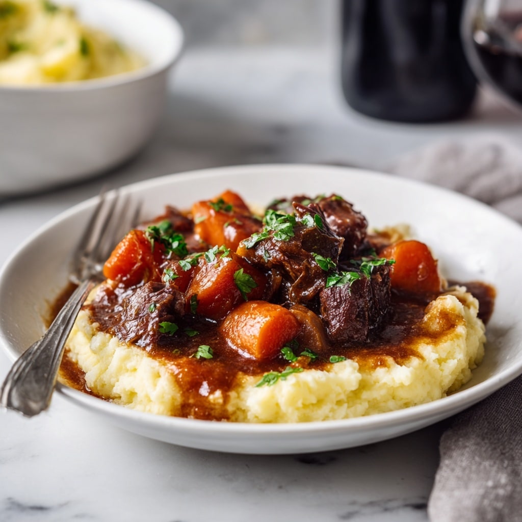 A close-up of a creamy mashed dish served in an oval white ceramic dish with a ridged handle, showing a thick, smooth texture with some grainy bits, topped with a melting pat of yellow butter in the center and sprinkled evenly with cracked black pepper, a spoon is inserted into the mash on the right side; in the blurred background, a white dish holds a dark reddish-brown stew with visible chunks and garnished with green herbs, all set on a soft gray cloth over a white marbled surface. photo taken with an iphone --ar 4:5 --v 7