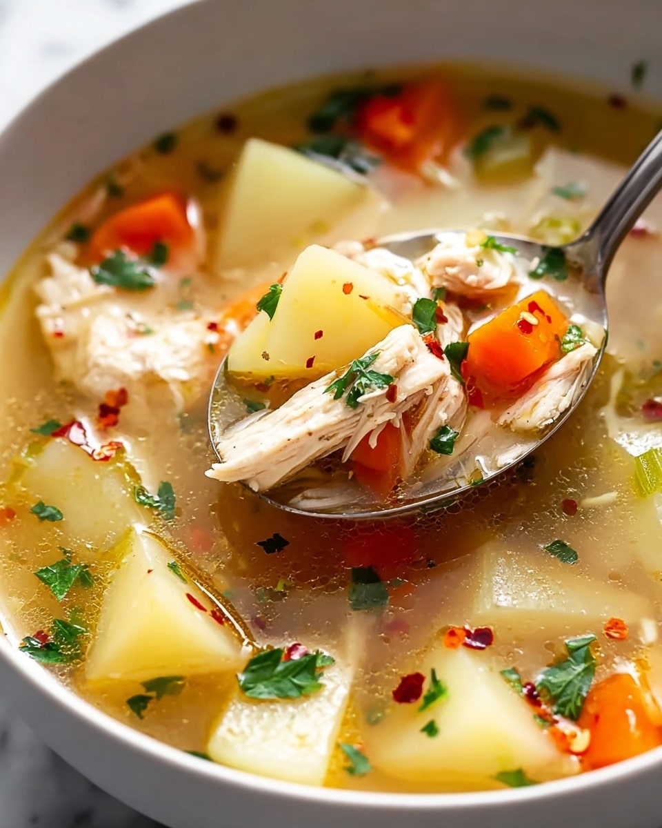 A white bowl filled with chicken soup resting on a dark cloth with a white marbled background. The soup has a clear yellow broth with visible small bubbles on the surface, and contains multiple layers: chunks of light yellow potato pieces spread throughout, soft orange carrot slices evenly distributed, tender pieces of white shredded chicken on top and mixed in, and scattered small green celery pieces. There are fresh, bright green parsley leaves sprinkled across the soup, adding color contrast. Tiny red chili flakes and black pepper specks are scattered over the ingredients. photo taken with an iphone --ar 4:5 --v 7