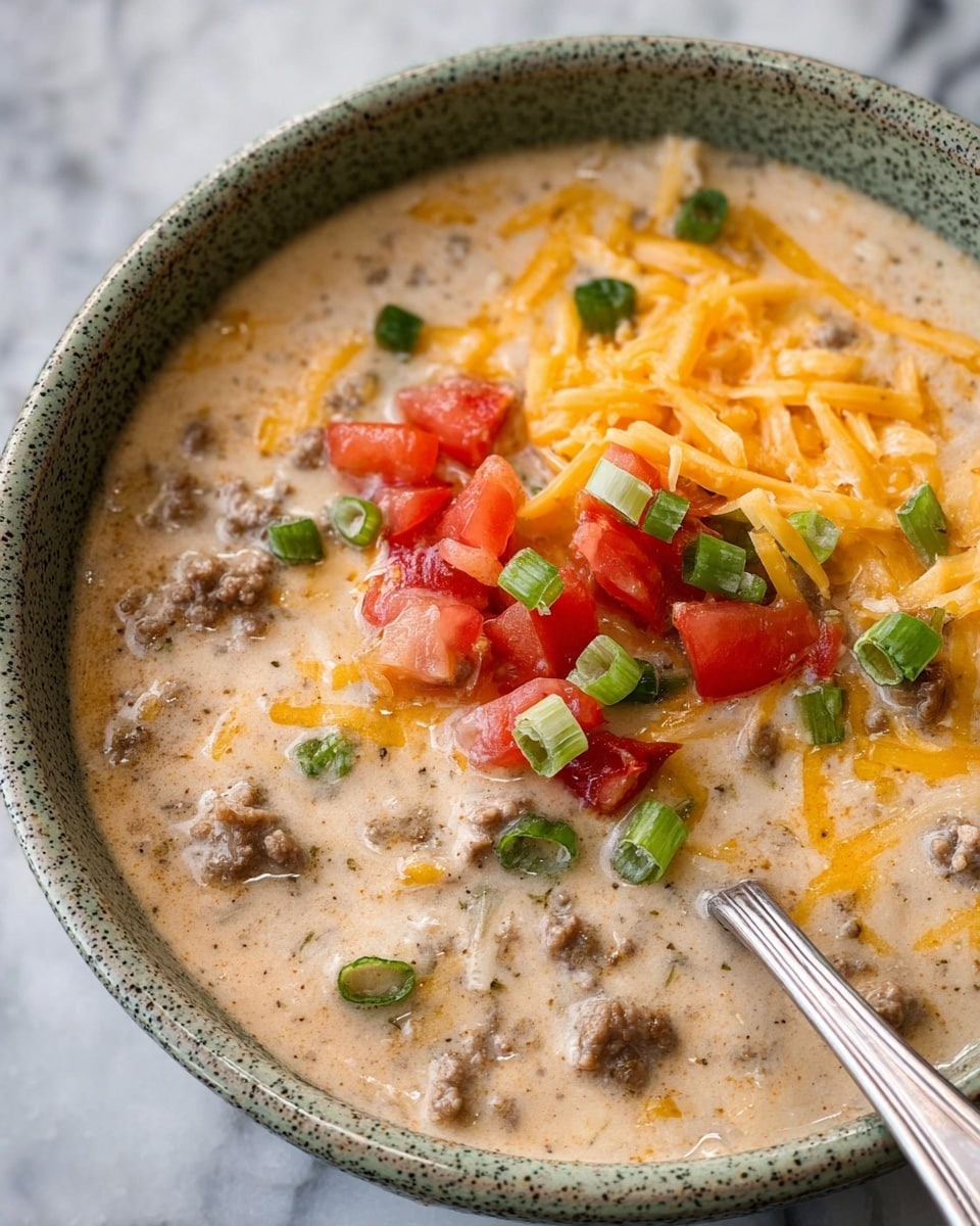 A close-up view of a thick creamy soup in a large white bowl with a speckled brown rim, showing a rich beige broth filled with small chunks of light brown meat and bits of green herbs. On the top, there is a layer of thin, shredded yellow cheese scattered unevenly, along with small diced red tomatoes and tiny bright green onion slices spread across the surface. A silver spoon is partially submerged in the soup on the right side. The bowl is set on a white marbled texture surface. photo taken with an iphone --ar 4:5 --v 7