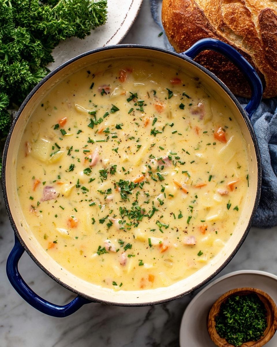 A creamy soup served in a blue-handled round pot, showing a thick, pale yellow base with visible chunks of light orange carrots and small pieces of meat, all topped with finely chopped green herbs scattered evenly on the surface; the pot is set on a textured light gray cloth on a white marbled table, accompanied by a round crusty brown bread loaf on a white plate and fresh green parsley bunches around. photo taken with an iphone --ar 4:5 --v 7