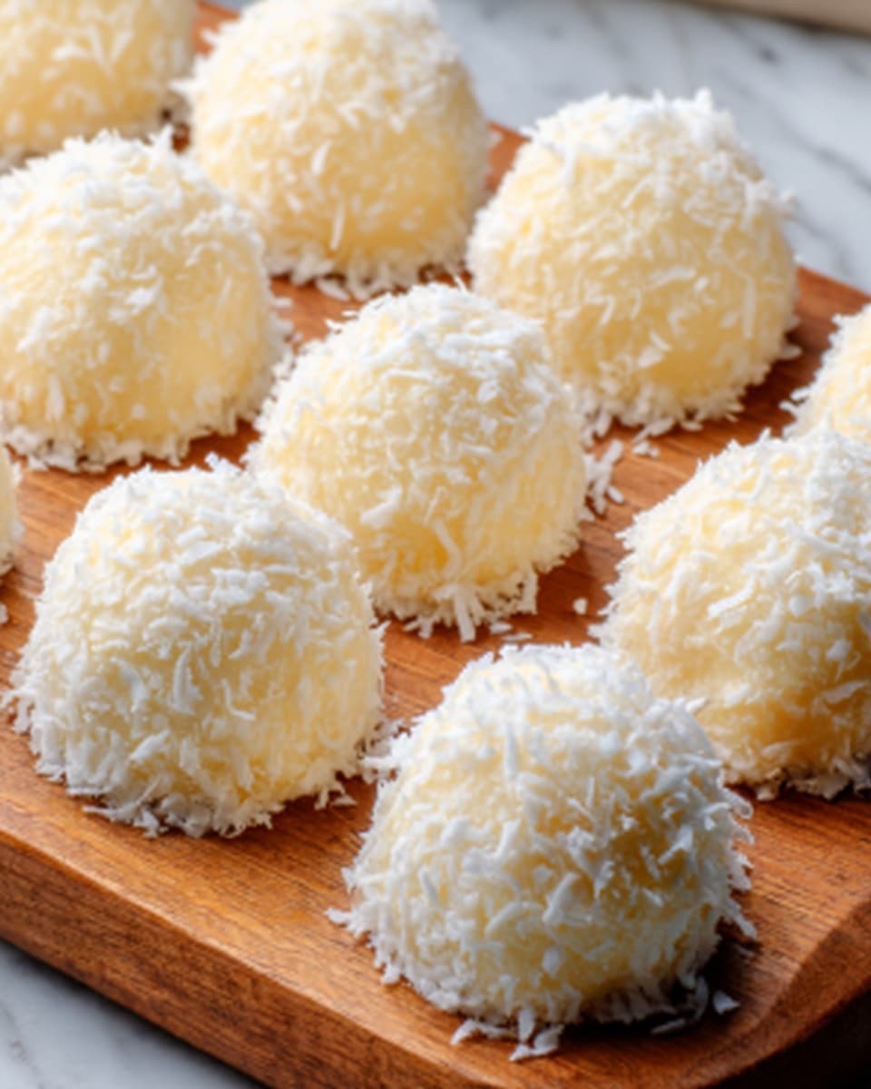 The image shows a close-up of several small, round dessert balls placed on a wooden board. Each ball is covered in white shredded coconut, giving them a fluffy, textured look. The balls are pale yellow underneath the coconut, smooth and slightly shiny. They are arranged in neat rows, filling the wooden surface. The background is a white marbled texture. Photo taken with an iphone --ar 4:5 --v 7