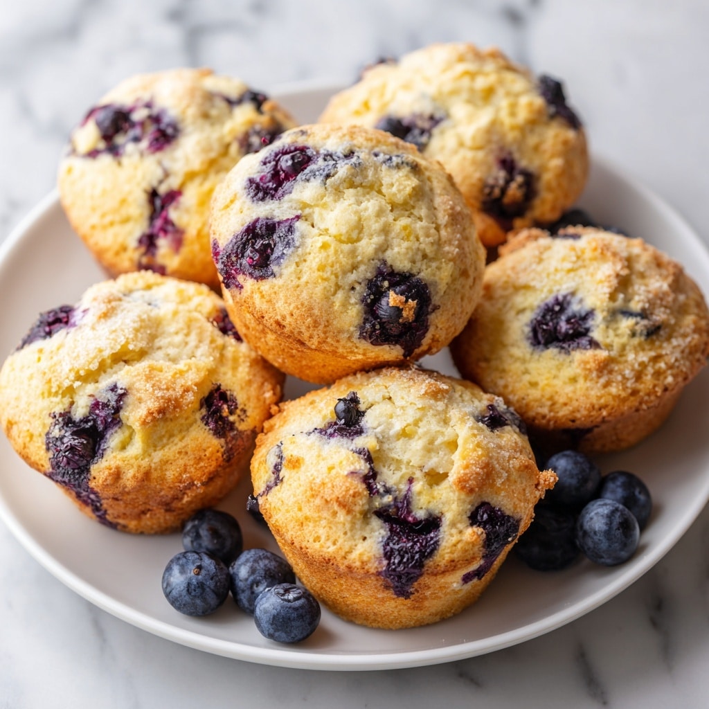 A close-up view of a stack of six blueberry muffins on a white plate. Each muffin has a golden-brown top with a slightly crispy texture and fluffy interior showing soft, light cream-colored dough with scattered dark purple blueberries inside. The muffins are irregularly shaped with some blueberries visible on the surface, adding deep blue spots to the warm-colored baked crust. The plate rests on a white marbled surface with soft natural light from a nearby window brightening the scene. photo taken with an iphone --ar 4:5 --v 7