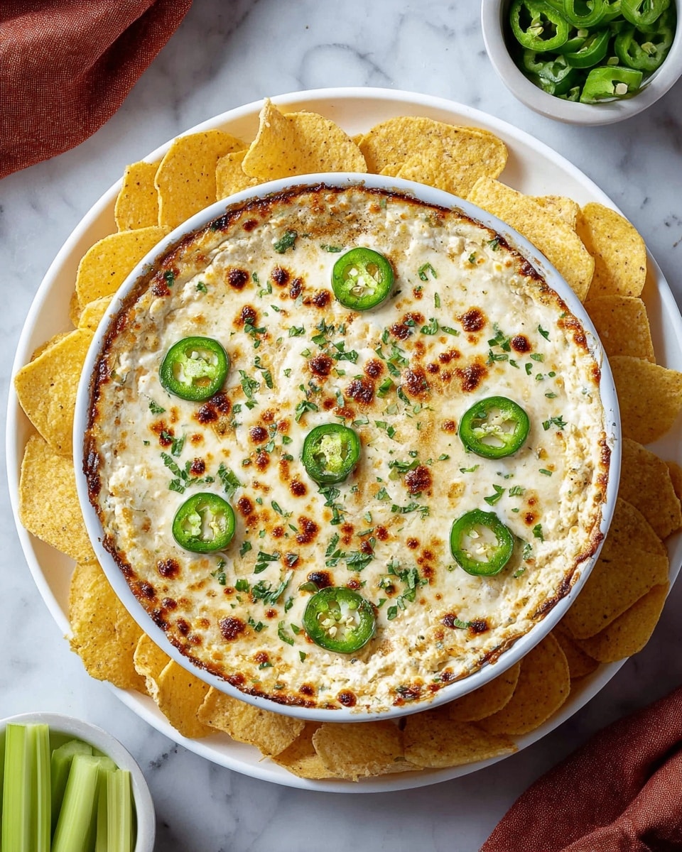 A white bowl filled with a creamy, bubbly dip that has a golden-brown toasted top, speckled with chopped green herbs and topped with six slices of bright green jalapeño peppers evenly spread on the surface. The bowl is placed on a white plate, and the plate is surrounded by large, round, light yellow corn tortilla chips standing upright, creating a border around the bowl. The scene rests on a white marbled surface, with some slices of fresh celery visible to the top right and a small white bowl with jalapeño slices and chopped garlic on the top left. A folded dark red cloth is partly seen on the bottom left corner. Photo taken with an iphone --ar 4:5 --v 7