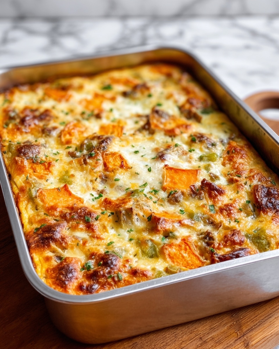 A baked casserole in a silver rectangular pan, filled with layers of golden melted cheese on top with some browned spots, scattered with orange sweet potato chunks and green pepper pieces mixed in, sprinkled with small herbs throughout, giving a warm and inviting look. The casserole has a slightly crisp, bubbling surface showing the blend of ingredients baked together. It sits on a wooden table with a blurred white marbled texture background. photo taken with an iphone --ar 4:5 --v 7