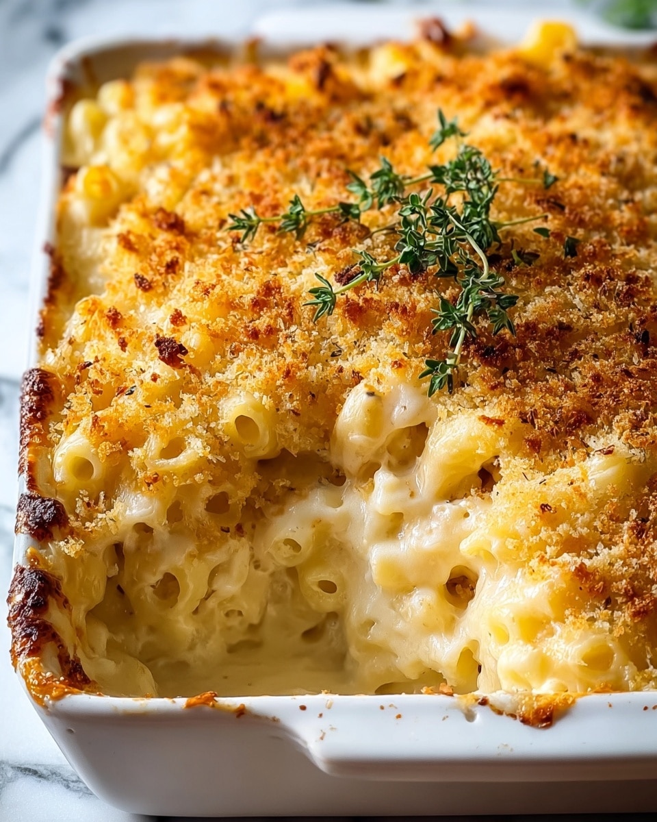 The image shows a baked macaroni and cheese dish in a white rectangular baking dish. The top layer is golden brown with crispy breadcrumbs scattered evenly across the surface, and two small sprigs of fresh thyme are placed near the center for garnish. Beneath the crust, the creamy cheese sauce is slightly visible, holding the pale yellow pasta pieces tightly together. The dish rests on a white marbled surface, enhancing the warm colors of the food. photo taken with an iphone --ar 4:5 --v 7