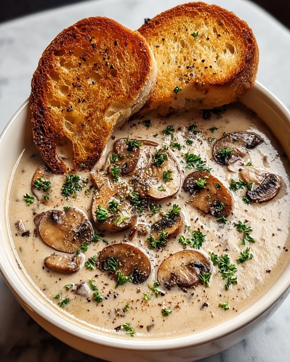 A white bowl filled with creamy mushroom soup, showing several soft, light brown sliced mushrooms floating on top mixed with specks of black pepper and small green parsley leaves, making the surface textured and colorful; resting on the edge of the bowl is a thick, crusty slice of toasted bread with a golden-brown outer crust and porous interior, all placed on a white marbled surface; photo taken with an iphone --ar 4:5 --v 7