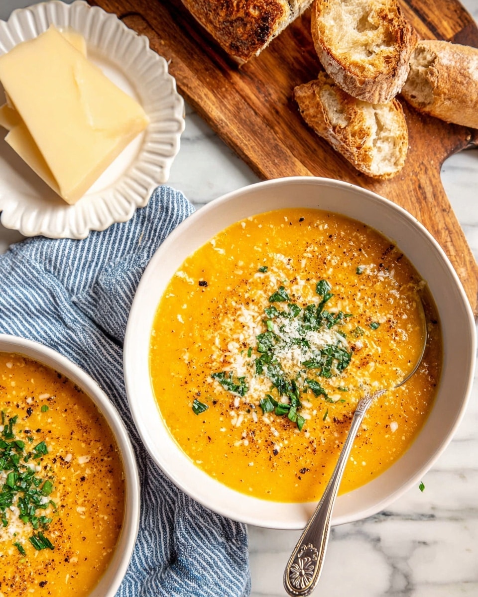 Two white bowls filled with a thick, creamy orange-yellow soup speckled with small grains, likely lentils or split peas, each topped with a sprinkle of chopped green herbs, black pepper, and finely grated cheese, creating a textured and colorful garnish layer. One bowl has a silver spoon resting inside with an ornate handle. Surrounding the bowls on a wooden cutting board are torn pieces of crusty bread and a small white dish holding two thick slices of pale yellow cheese. A blue and white striped cloth is draped on the side, all set on a white marbled surface. photo taken with an iphone --ar 4:5 --v 7
