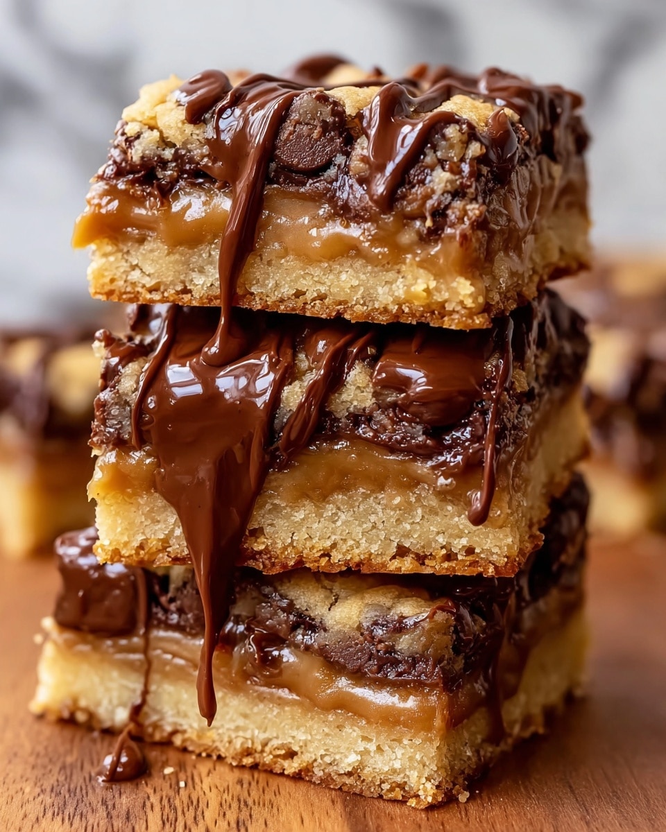 A stack of three thick dessert bars is shown close-up on a wooden surface with a blurred white marbled background. Each bar has three main layers: a golden-brown, slightly crumbly cookie base, a thick, smooth caramel middle layer that looks soft and gooey, and a top layer of golden cookie dough with melted dark brown chocolate chunks melted into and drizzled over the bars. The chocolate creates a shiny, textured pattern on the top and edges, oozing slightly down the sides. The whole stack looks rich, moist, and inviting. Photo taken with an iphone --ar 4:5 --v 7