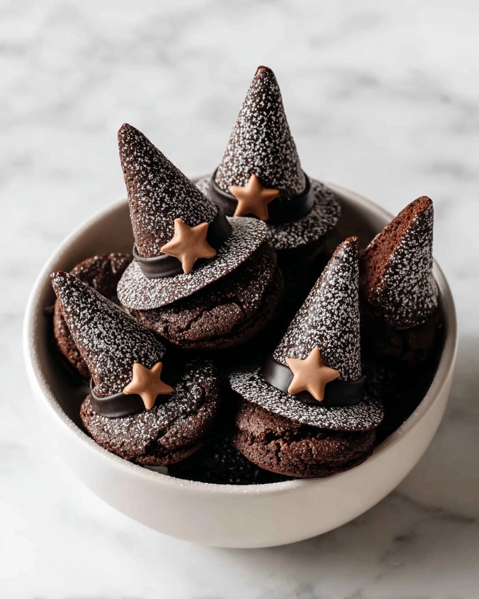 The image shows a white bowl filled with witch hat-shaped brownies, each consisting of two main layers: a round, cracked, dark brown brownie base, and a cone-shaped brownie top dusted with powdered sugar. The cone is placed upside down on the base, decorated with a black candy band around the bottom of the cone, accented with a small light brown star on the front. The bowl sits on a white marbled surface. photo taken with an iphone --ar 4:5 --v 7