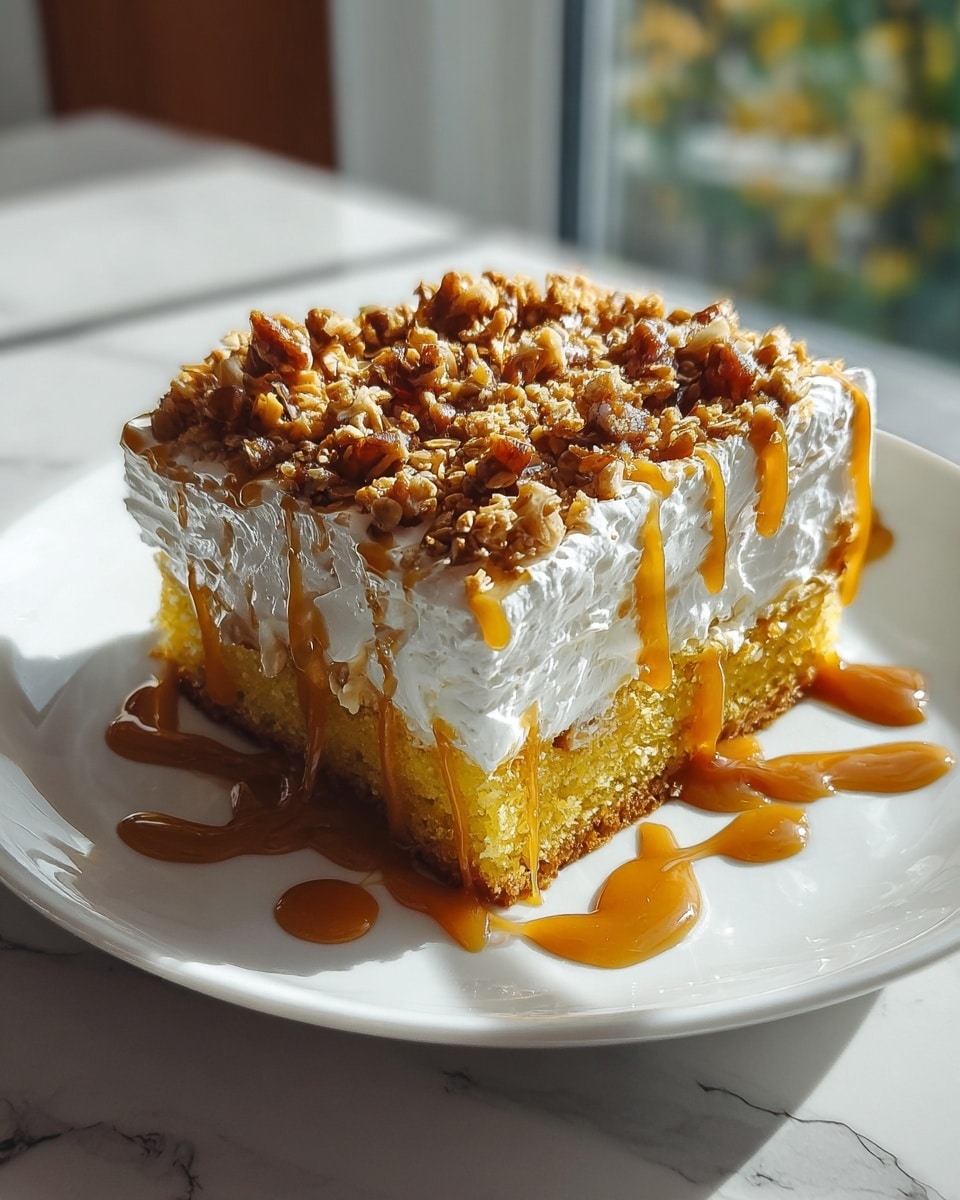 A square piece of cake on a white plate shows three clear layers: the bottom layer is a thick golden yellow sponge cake, the middle layer is a fluffy white whipped cream, and the top layer is a crunchy granola mix with nuts that covers the cream unevenly. Thick golden caramel sauce is drizzled generously over the granola and drips down the sides of the cake onto the plate. The scene is lit by natural light from a nearby window, with a white marbled texture under the plate. photo taken with an iphone --ar 4:5 --v 7