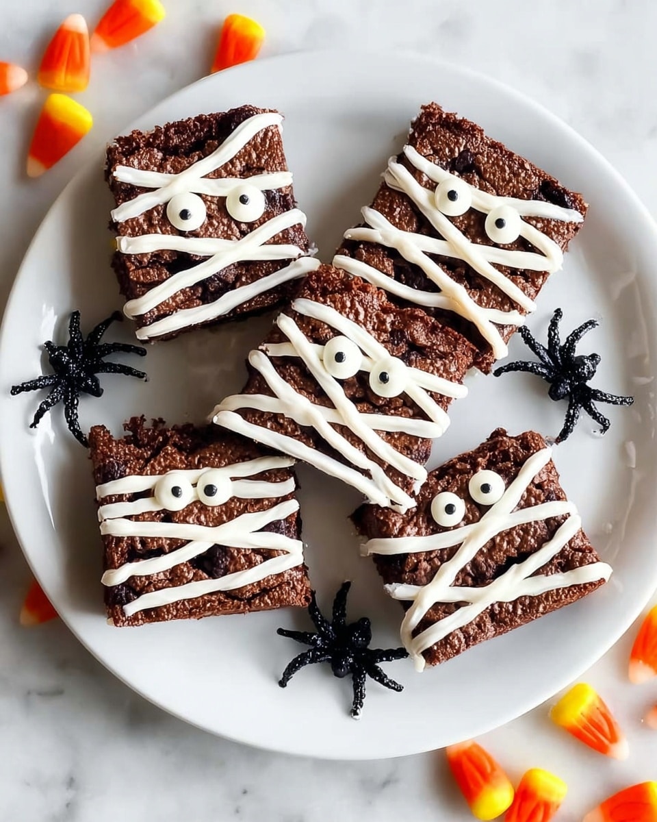 The image shows five square chocolate brownies arranged on a white plate with black plastic spiders placed around them. Each brownie has two small round white candy eyes near the top center, and they are decorated with white frosting piped in crisscross lines across the surface to look like mummy bandages. The brownies are dark brown with a slightly rough texture, and the white frosting has a smooth, creamy look. The plate sits on a white marbled surface with a few candy corns scattered nearby. photo taken with an iphone --ar 4:5 --v 7