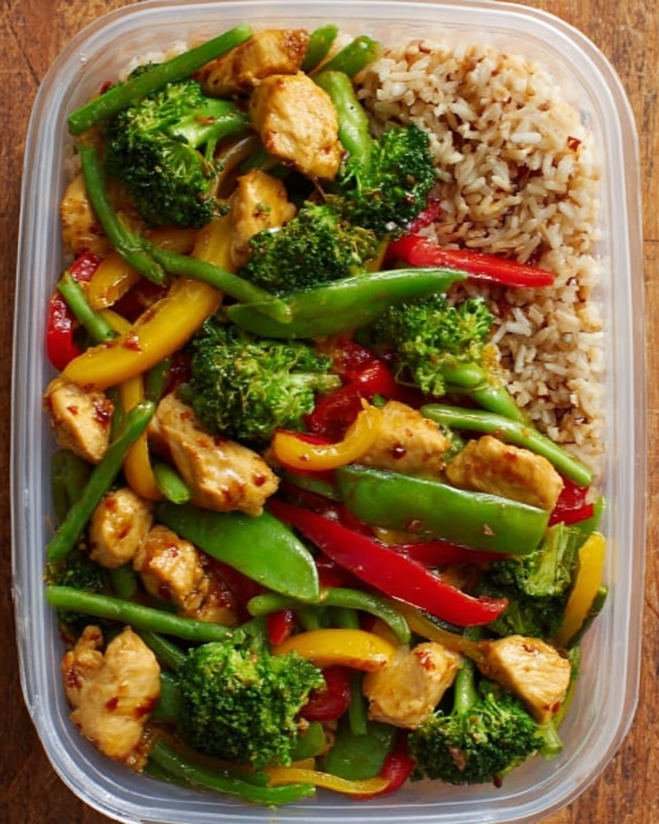 A clear plastic container filled with a colorful stir-fry dish is shown on a white marbled textured surface. The base layer consists of mixed cooked rice with grains varying from white to dark brown. On top, there are small chunks of glazed light brown chicken scattered evenly. Bright green broccoli florets and snap peas add freshness and crunch, while thin slices of red and yellow bell peppers provide vibrant red and yellow accents throughout. The sauce coating the ingredients adds a glossy shine, making the dish look warm and tasty. photo taken with an iphone --ar 4:5 --v 7