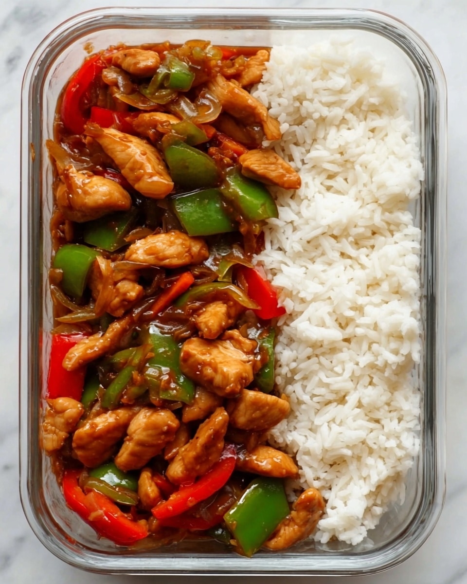 The image shows a clear square container with two layers of food. The top half is filled with white cooked rice, soft and fluffy. The bottom half has a mix of stir-fried chicken pieces in a glossy brown sauce, with chopped green and red bell peppers scattered around. The chicken looks tender and slightly shiny from the sauce, while the peppers add bright splashes of color. The container is placed on a white marbled surface. photo taken with an iphone --ar 4:5 --v 7