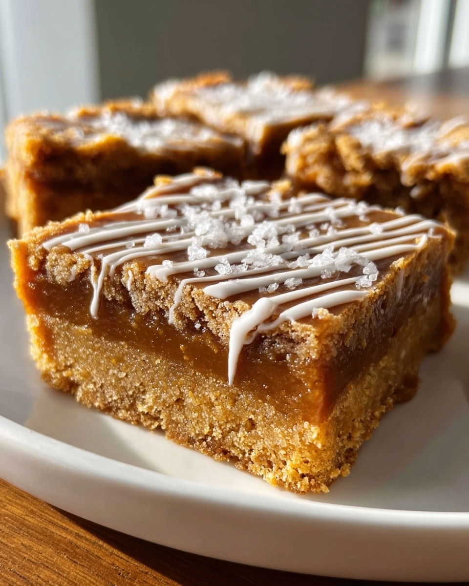 Two square slices of dessert are placed on a white plate on a white marbled surface. Each slice has three layers: a crumbly golden brown base, a thick middle layer of smooth caramel color, and a slightly crunchy top layer with a golden brown crust. White icing is drizzled thinly over the top layer, and large grains of white sea salt are sprinkled on top and around the slices on the plate. Sunlight shines on the slices, creating warm highlights and shadows. photo taken with an iphone --ar 4:5 --v 7