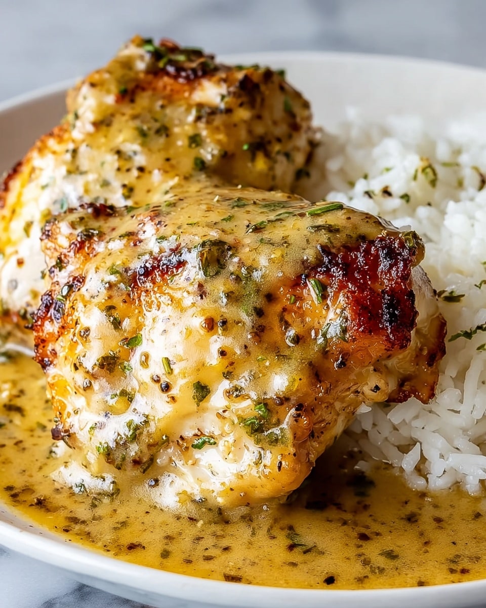 A close-up view of a dish showing two pieces of cooked chicken with golden-brown, crispy skin on top, covered in a thick, creamy sauce speckled with green herbs and black pepper. The chicken rests on a bed of white rice that peeks out from beneath. The sauce pools around the chicken, with a smooth and slightly glossy texture. The food is served on a white plate, all placed on a white marbled surface. photo taken with an iphone --ar 4:5 --v 7