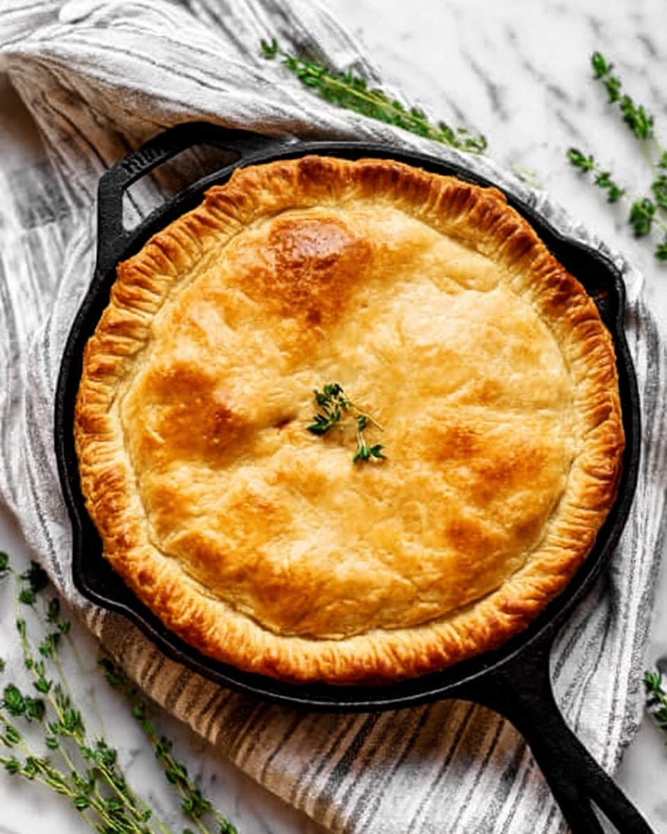 A golden brown pie with a shiny, crispy top crust evenly baked, slightly puffed and framed by a fluted edge held in a black cast iron skillet. The pie is plain on top except for a small sprig of green herbs placed near the center. The skillet is resting on a white and gray striped cloth, all set on a white marbled surface with sprigs of fresh green herbs scattered around softly. Photo taken with an iphone --ar 4:5 --v 7