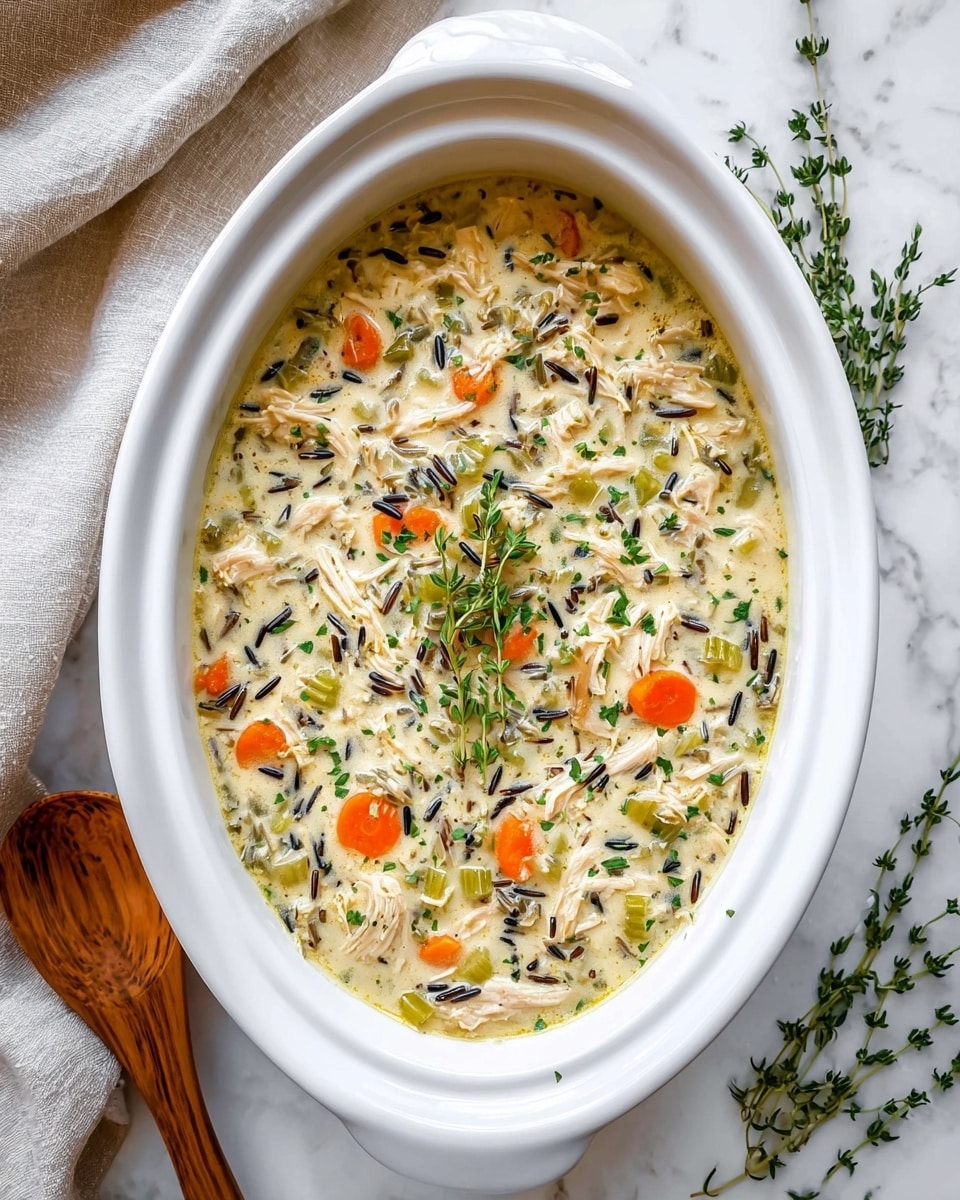 A white oval dish filled with creamy chicken wild rice soup showing a thick light beige broth mixed with shredded white chicken pieces, dark wild rice grains, small round orange carrot slices, and light green celery bits. The soup is sprinkled with fresh green herbs, and a small bunch of thyme lies on top in the middle. The dish rests on a white marbled texture surface, near a wooden spoon and beige linen cloth. Photo taken with an iphone --ar 4:5 --v 7