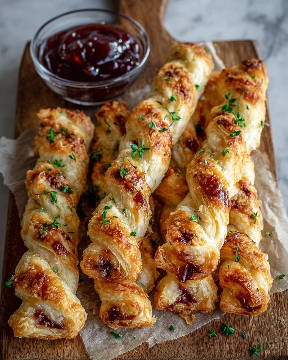 The image shows four twisted puff pastry sticks with a golden-brown crispy outside, placed closely on a sheet of parchment paper on a wooden board. Each pastry stick is twisted to show layers of flaky dough with some spots of dark red jam visible inside the twists. The top of the pastries has scattered fresh green herbs, adding a fresh color to the golden crust. On the top left of the board, there is a small clear glass bowl filled with dark red jam. The background is a white marbled texture. photo taken with an iphone --ar 4:5 --v 7