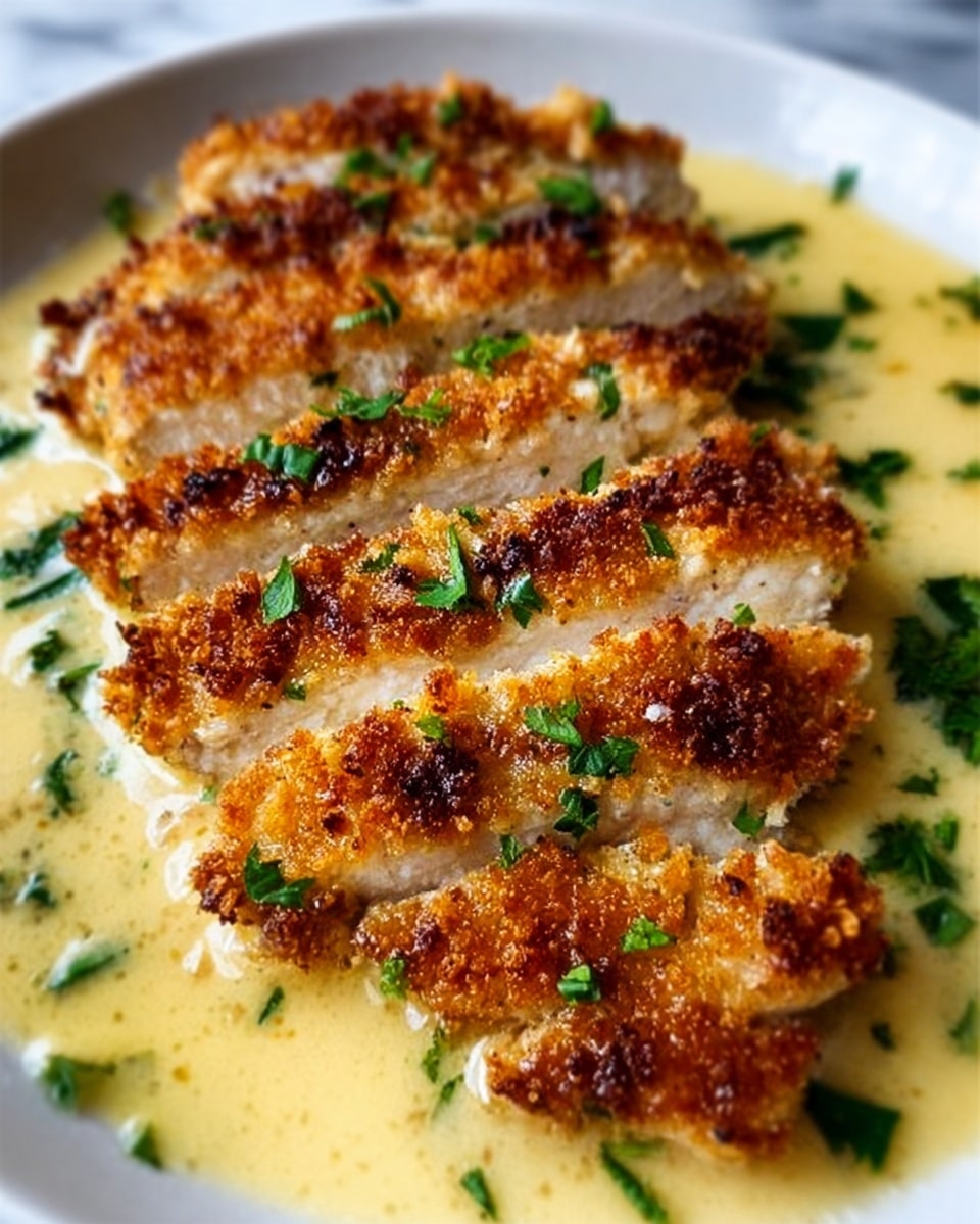 The image shows sliced, golden brown breaded chicken pieces arranged side by side in a shallow pool of creamy, yellowish sauce. The chicken has a crispy texture with a nice crunch on the outside, and each slice reveals juicy white meat inside. Fresh green parsley leaves are sprinkled evenly on top of the chicken and sauce, adding a bright color contrast. The dish is on a white plate set against a white marbled surface. Photo taken with an iphone --ar 4:5 --v 7