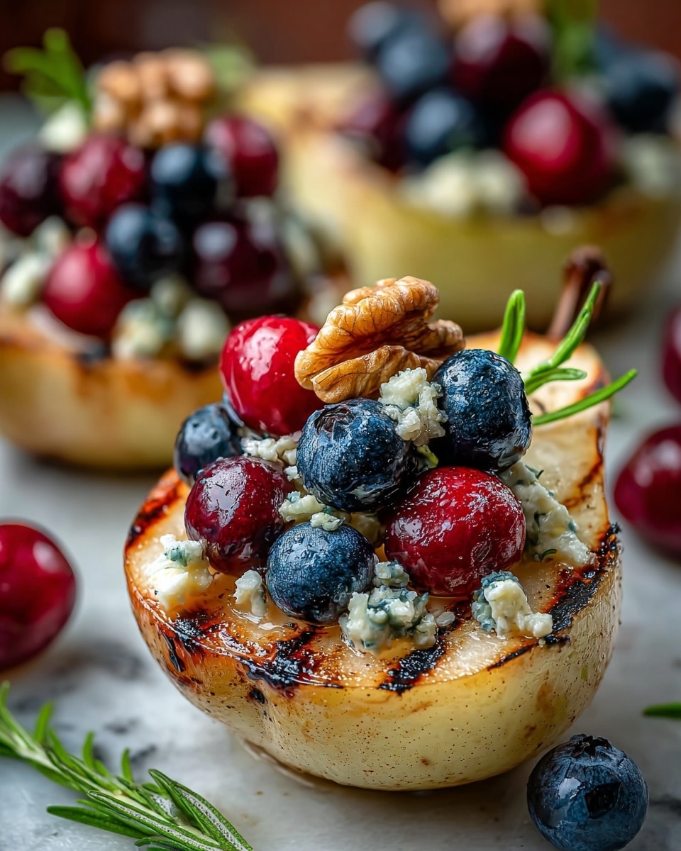 Three halved, grilled pears with slightly charred edges sit on a white rectangular dish lined with parchment paper. Each pear half is topped with a colorful mix of blueberries, raspberries, pomegranate seeds, crumbled blue cheese, and small walnut pieces. Fresh green thyme sprigs are placed artistically between the berries. The pears have a golden-brown spotted skin with a juicy, soft, pale yellow inside that glistens with a light drizzle of honey or syrup. The background is a warm wooden surface. Photo taken with an iphone --ar 4:5 --v 7