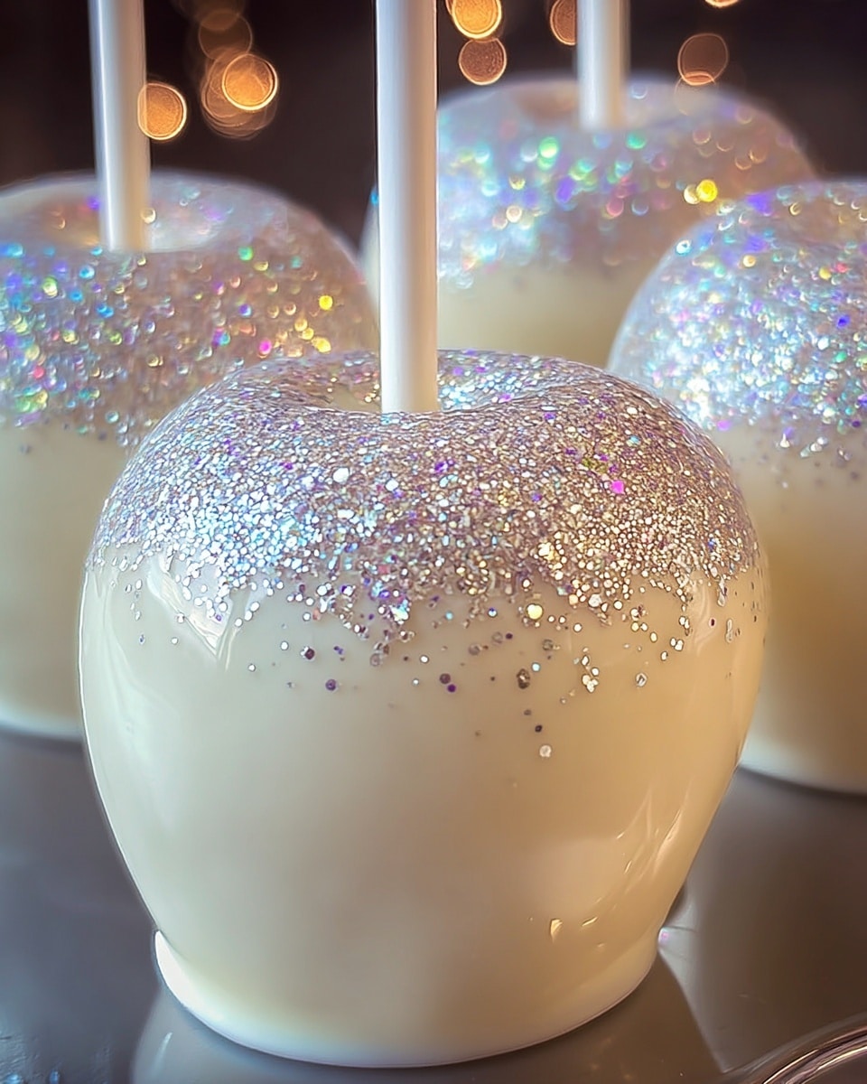 A close-up view of several white candy apples on white sticks arranged on a white marbled surface, each apple coated with a smooth, shiny white layer and topped with a thick sprinkle of fine, sparkling iridescent glitter that catches light in multiple colors, mainly silver, blue, and purple, giving a magical glittery effect on the rounded top and upper sides. The apples appear smooth and glossy underneath the glitter with a subtle soft texture, and the background softly blurs additional apples that look similar, creating depth. Photo taken with an iphone --ar 4:5 --v 7