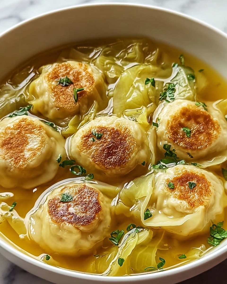 A white bowl filled with a hot soup containing several golden-brown dumplings on top. The dumplings have a smooth and slightly shiny surface with a soft, baked look. The soup is clear with small bits of chopped green herbs floating around, adding a touch of green color. The white bowl rests on a white marbled surface, giving a clean and fresh background. photo taken with an iphone --ar 4:5 --v 7