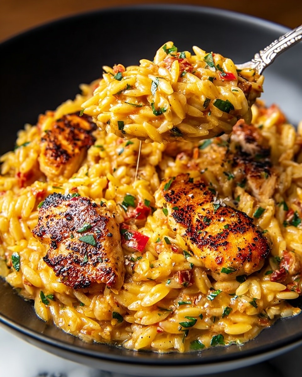 A black bowl filled with creamy orange-yellow orzo pasta mixed with herbs and small bits of red peppers, topped with several golden-brown, grilled chicken pieces that have a slightly crispy texture and black seasoning specks. A silver spoon lifts a scoop of the pasta and chicken, showing the slightly thick sauce clinging to the orzo and chicken, with green herb sprinkles scattered throughout. The dish has a rich, warm look with melted cheese strings visible between the layers, all set on a white marbled surface. photo taken with an iphone --ar 4:5 --v 7